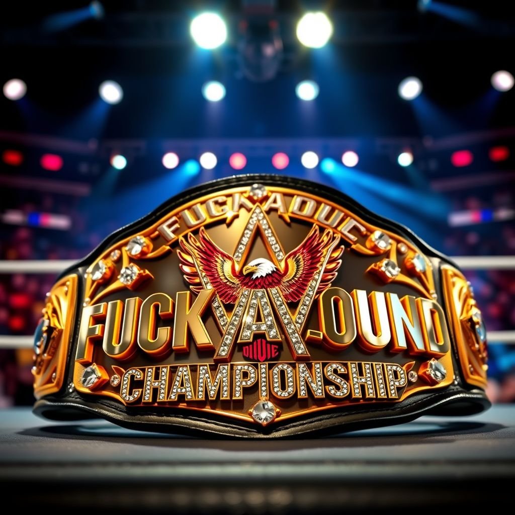 A gleaming WWE championship belt, adorned with intricate gold detailing and leather straps. Bold lettering proclaims "Fuck Around Championship" in a rebellious font, surrounded by shimmering jewels. The center showcases a fierce eagle emblem, wings spread wide. Background features a vibrant wrestling ring, spotlights illuminating the dramatic, energetic atmosphere.