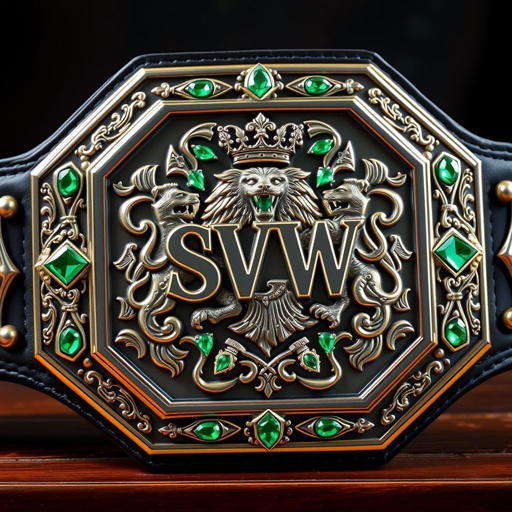 A stunning wrestling belt presented as the SVW Legacy Championship. Crafted from luxurious black leather, featuring a striking octagonal silver plate. Intricate engravings adorn the surface, showcasing a fierce lion champion design. Sparkling emerald gemstones accentuate the lion crests and symbols, exuding grandeur. Realistic art style enhances every detail of this majestic trophy.