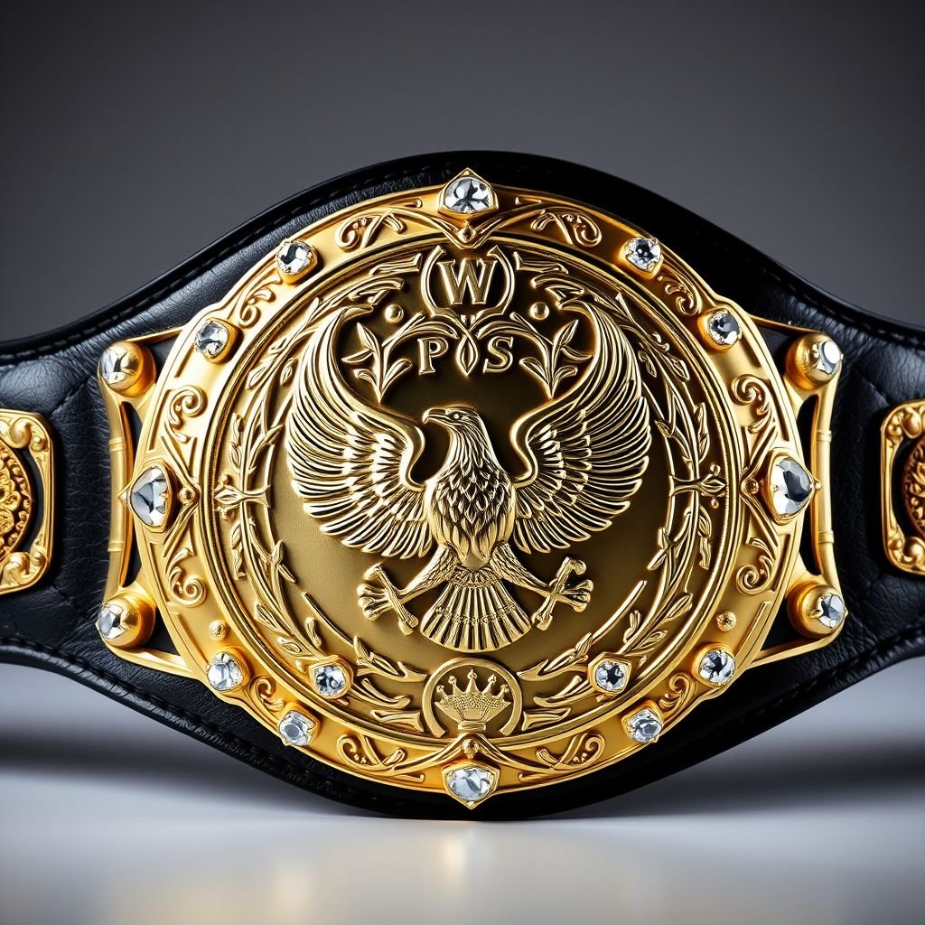 A magnificent wrestling belt displayed with a luxurious black leather strap, its gleaming circular gold plate takes center stage. Intricate engravings depict an eagle champion design, surrounded by striking eagle crests and symbols. Sparkling diamond gemstones adorn the edges, signifying prestige. Realistic art style highlights every exquisite detail, showcasing true craftsmanship.