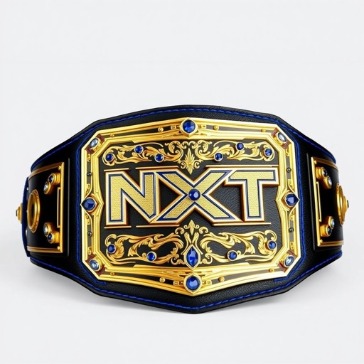 A luxurious NXT Europe Women’s wrestling belt, crafted from rich black leather. A bold blue strap enhances the modern rectangular gold plate, intricately designed with ornate patterns. Embedded sapphire gemstones gleam brilliantly, adding a royal touch. The oversized dimensions convey power and prestige, showcasing a perfect blend of elegance and strength.