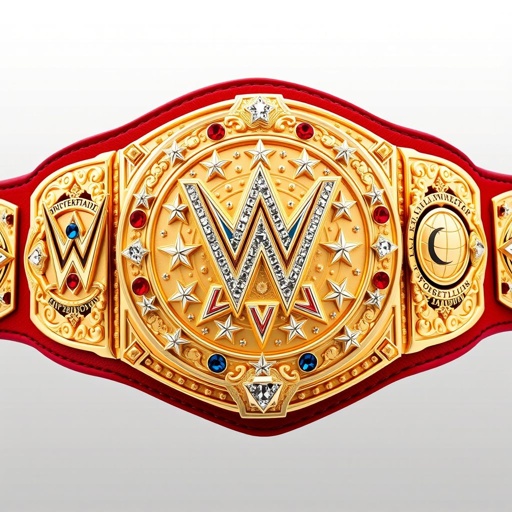 A grand wrestling belt, VWF Universal World Championship. Exquisite gold, blending elements from legendary titles. Intricate rose gold plates, adorned with multicolored gems—blue, red, white, yellow. A classic design, luxurious leather strap. Prominent field of white stars, three ornate side plates. Star crests, wrestler symbols, a globe champion motif. Radiant diamond gemstones.