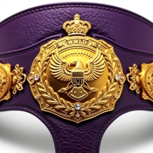 Wrestling belt, UWF World Heavyweight Championship. Dark purple leather strap, elegant texture. Four intricate side plates on each side, adorned with darker gold tones. One grand main plate, shimmering gold metal, featuring majestic eagle and laurel motifs. Diamond gemstones sparkling, crown crests and symbols embellishing. Vintage plate design, radiating prestige. Strong presence.