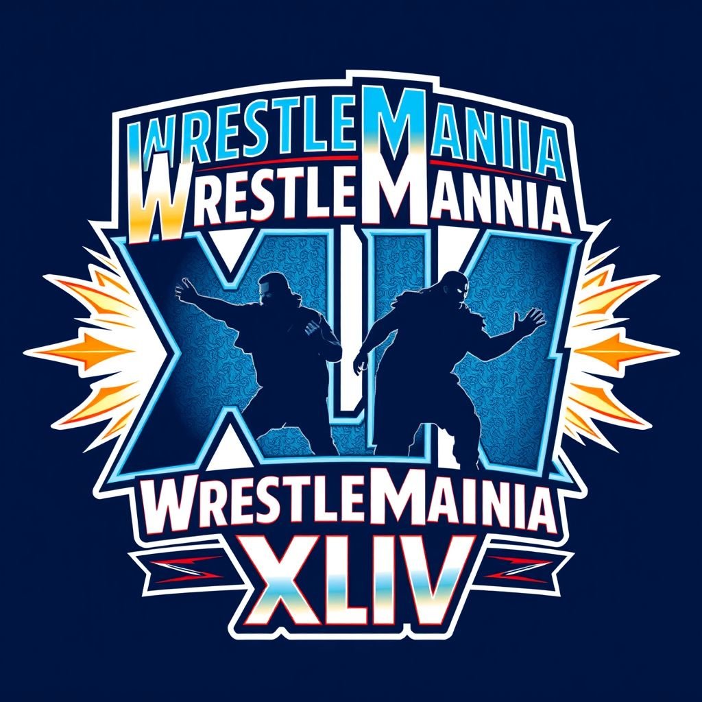 WrestleMania XLIV logo, bold and vibrant, adorned with Tennessee Titans colors: deep navy blue, striking Titans light blue, and crisp white. Iconic 44 displayed in a dynamic jersey number font. Roman Reigns and LA Knight silhouettes in action poses framed by electrifying design elements. Futuristic typography and catchy slogans enhance the excitement. 
