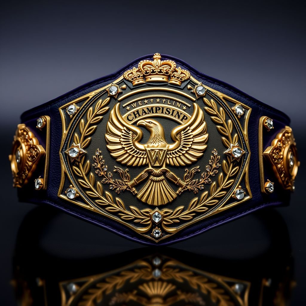 The UWF World Heavyweight Championship belt, vintage allure emanating from an oversized dark purple strap. The main plate, a rich darker gold, gleams with intricate eagle and laurel motifs. Diamond gemstones add glints of brilliance, while ornate crown crests embellish the design. The leather reflects craftsmanship, a masterpiece of wrestling heritage.