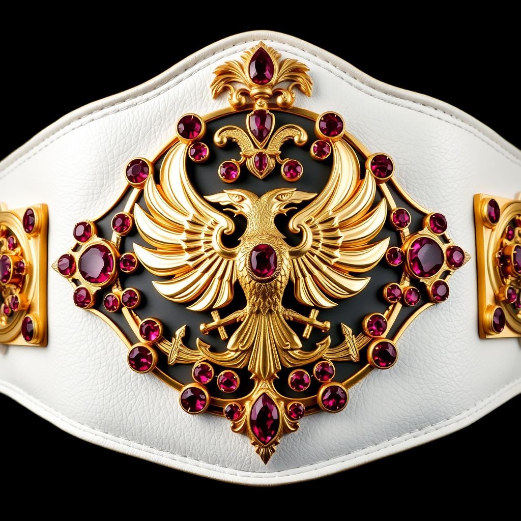 A magnificent wrestling belt, crafted from supple leather, features a pristine white strap. A central shield plate, gleaming gold, showcases intricate eagle champion designs surrounded by vibrant ruby gemstones. Surrealist twists in the shape of the eagle crests and symbols create an otherworldly aura, embodying strength and victory in grandiosity.
