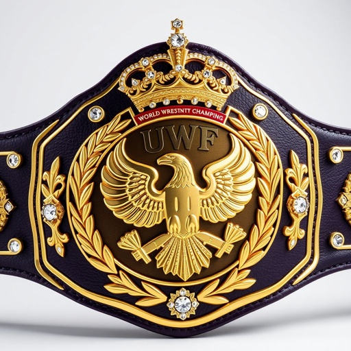 UWF World Heavyweight Championship Wrestling Belt, dark purple leather strap, oversized main plate, deep gold hue, intricate eagle and laurel motifs, vintage designs, gleaming gold surface, ornate shape, sparkling diamond gemstones, majestic crown crests, symbols of victory, rich textures, bold craftsmanship, luxurious aesthetics, an emblem of unmatched champion prestige.