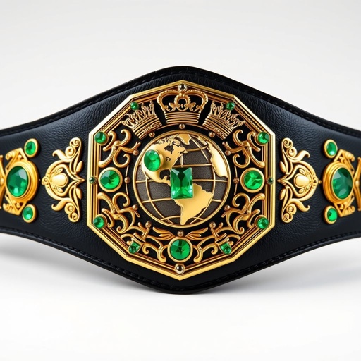 A wrestling belt, crafted from rich black leather, features a striking pentagonal gold plate adorned with cartoonish designs. The centerpiece showcases a globe champion motif, surrounded by intricate crown crests and symbols. Sparkling emerald gemstones gleam within the ornate detailing, adding vibrant allure to this medium-sized, championship belt masterpiece.