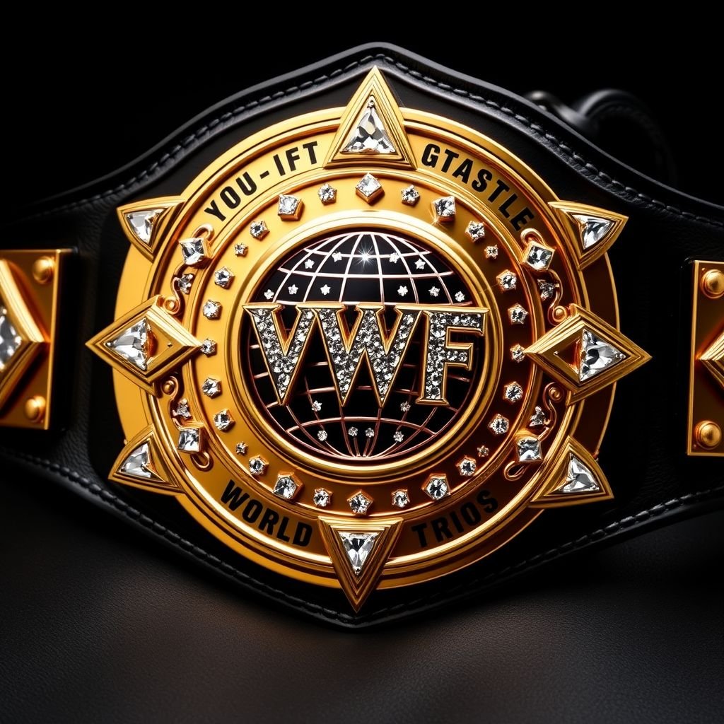 A wrestling belt, grand and glamorous, features a VWF World Trios championships insignia. Triangular design motifs, adorned with shimmering triangle gems, accentuate the polished gold plate. An intricate plate shape rests on a lustrous black leather strap. The centerpiece, a globe champion design, sparkles with radiant diamond gemstones, exuding prestige and power.