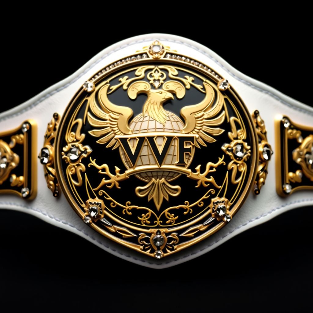 A stunning wrestling belt, encapsulating the VWF Paramount championship. Sophisticated black metal center plate adorned with intricate gold and white engravings. A luxurious leather belt featuring a pristine white strap. Oval-shaped design, midnight black background, accented by a globe champion motif. Shimmering diamond gemstones, embellishing majestic phoenix crests and symbols, signify victory.