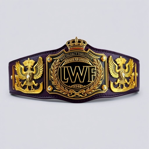 A vintage UWF World Heavyweight Championship wrestling belt. Dark purple leather strap, luxurious texture. Elaborate darker gold plates, each side adorned with eagle and laurel motifs. Main plate entirely gold, seamless finish. Intricate shapes, gleaming finish. Crown crests and symbols, diamond gemstones twinkling. Grand and imposing, embodying strength and prestige.