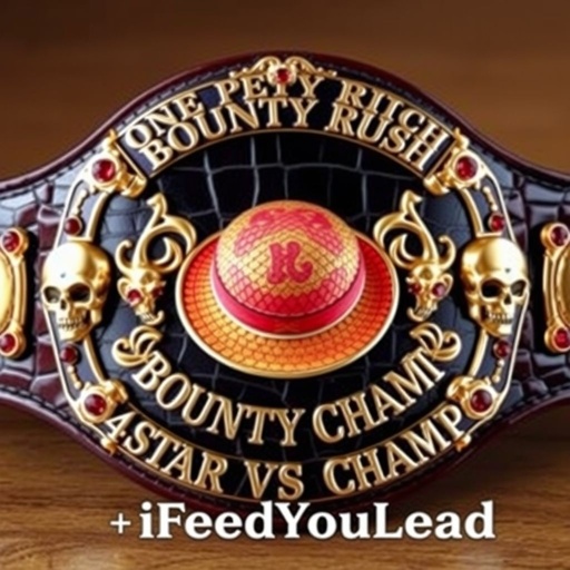 An extravagant wrestling belt, alligator skin texture enveloping the surface. Center, a vibrant straw hat, emblematic of “One Piece,” adorned with the title “One Piece Bounty Rush” overhead. Below, elegant lettering proclaims “4 Star VS Champ iFeedYouLead.” Gold luxury plates gleaming, multicolor hues accented by ruby gemstones, imposing skull crests framing the design.