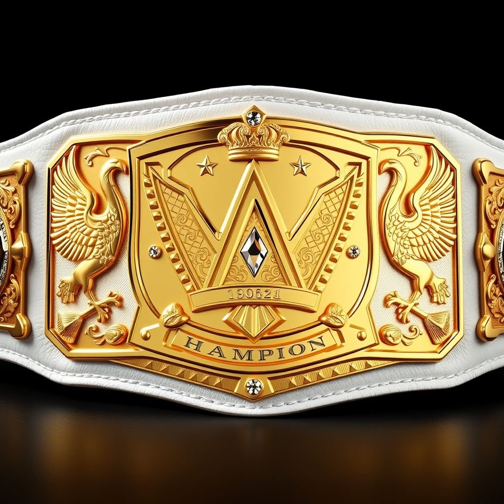 A stunning wrestling belt glistening with a luxurious gold plate, intricately designed with a crown champion motif. The white leather strap exudes elegance, adorned with diamond-shaped gemstones. Majestic eagle crests and intricate symbols embellish both sides, reflecting a sense of triumph and strength. Realistic textures inviting admiration and desire.