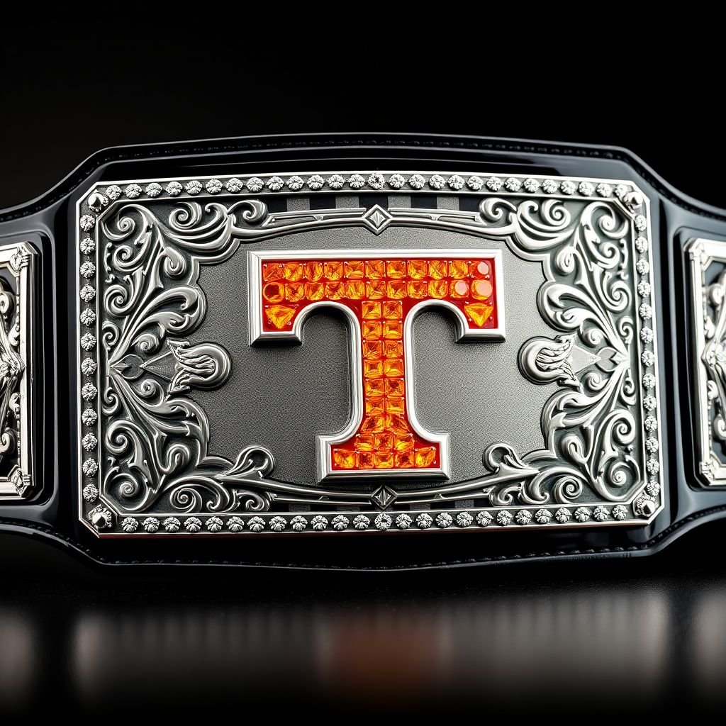 A prestigious wrestling belt, a striking rectangular plate design, black and gleaming. An engraved checkerboard background, intricate patterns etched into the metal. The centerpiece, an orange Tennessee Volunteers Power T logo, glistening with bright orange shiny diamonds, framed in silver. Stacked plates create a stunning 3D effect, enhancing the artistry and grandeur.