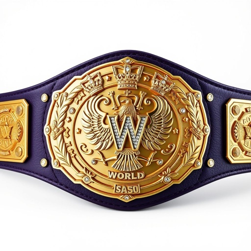 A majestic wrestling belt, UWF World Heavyweight Championship. Dark purple strap, luxurious leather material, intricate and vintage plate design. Four side plates, darker gold color adorned with eagle and laurel motifs. The grand main plate, wholly gold metal, glittering diamond gemstones, crowned crests, and symbols embellishing the championship's regal aura.