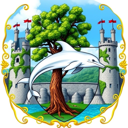 A grand coat of arms featuring a sleek, white dolphin gracefully arched across the center. Three majestic castles tower in the background, their stone walls adorned with ivy. A stout, ancient tree stands firm beside the dolphin, its lush green foliage contrasting against the azure sky. Rich gold filigree borders the shield.