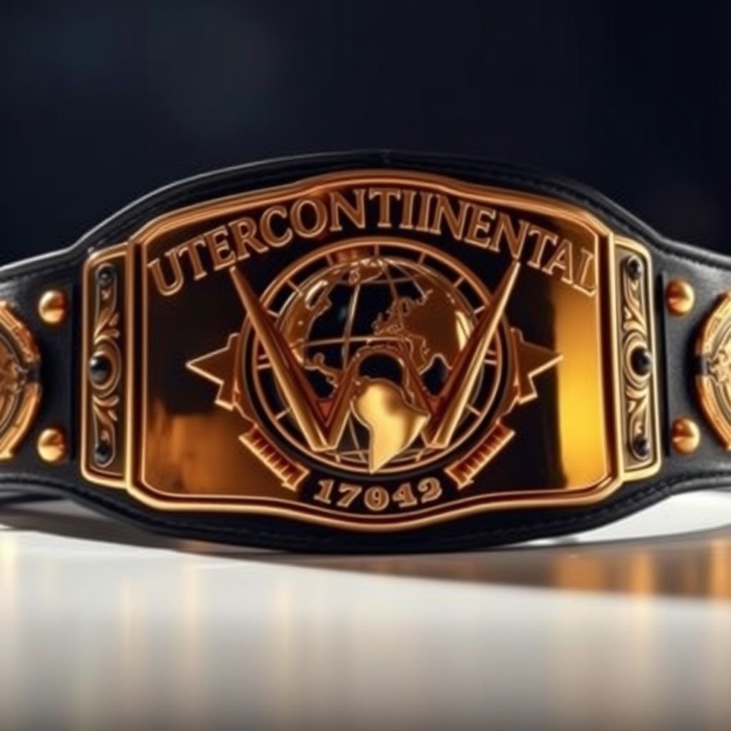An imposing wrestling belt, glowing with prestige. Outercontinental Champion title etched in elegant rose gold, rectangular plate reflecting triumph. A rich black leather strap, strong and durable, wraps powerfully around a central globe champion design. Extra-large size signifies dominance, sleek and modern plate design emphasizes sophistication, perfect for a champion.