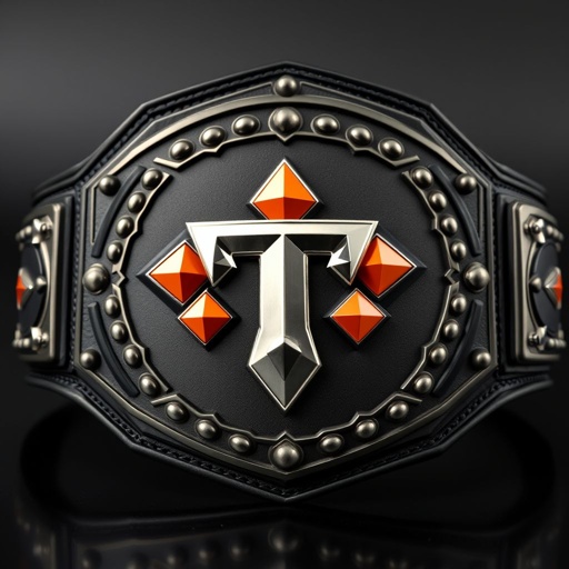 A magnificent wrestling belt featuring an engraved checkerboard background on the central plate, crafted in shimmering black. The Power T logo, an eye-catching burst of bright orange diamonds with a sleek silver border, commands attention. Stack of layered plates creates a striking 3D effect, all anchored by a rich black strap. Cubist art style influences the design, adding a modern twist.