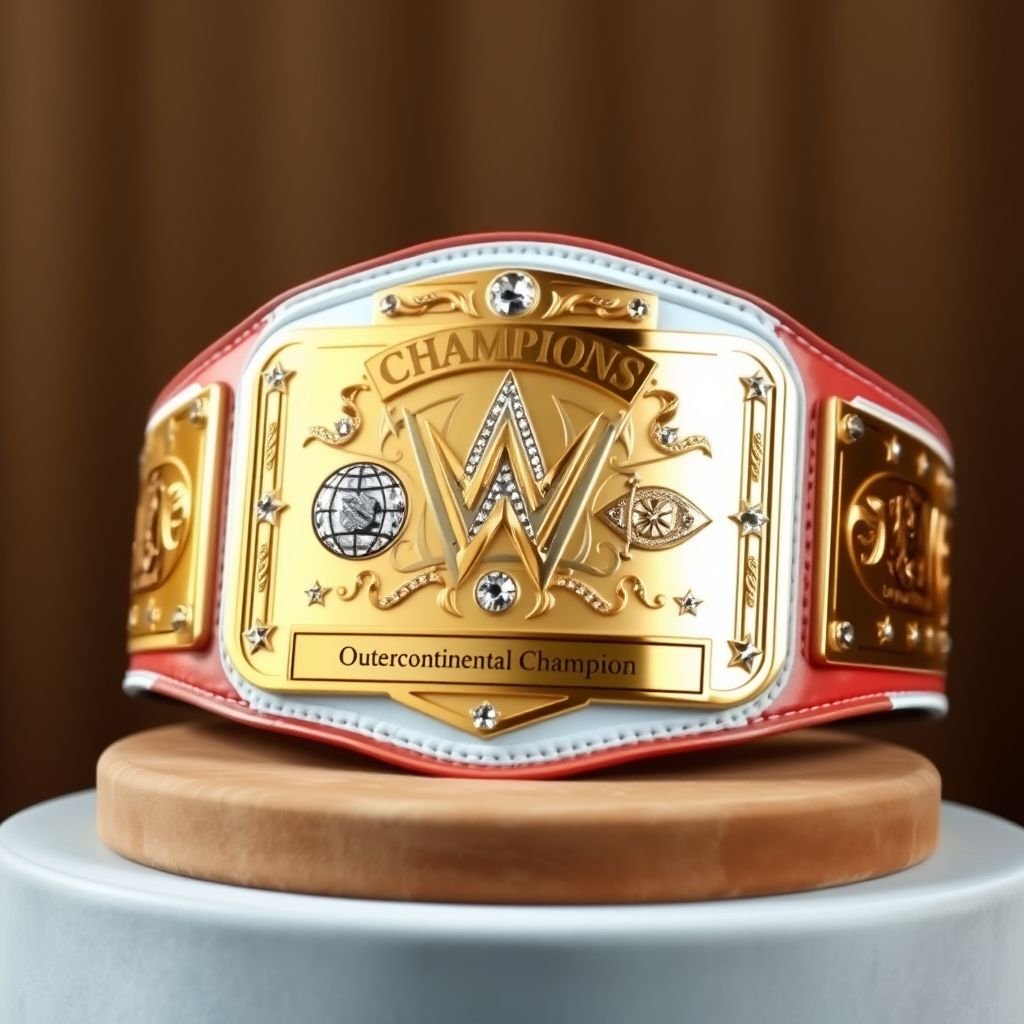 A magnificent wrestling belt rests on a velvet pedestal, showcasing an Outercontinental Champion title. Crafted from rich leather, the pristine white strap contrasts with a sleek, rectangular gold plate. Intricate globe champion designs and sparkling crystal gemstones adorn the center, while elegant star crests and symbols embellish the sides, exuding unrivaled prestige.