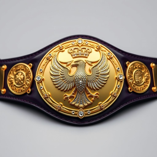 A magnificent wrestling belt rests prominently, adorned with a dark purple leather strap. The four side plates gleam in a rich, darker gold, showcasing intricate eagle and laurel motifs. The grand main oval plate, crafted from solid gold, displays an exquisite eagle champion design, embellished with sparkling diamond gemstones, all crowned with regal crests and symbols.