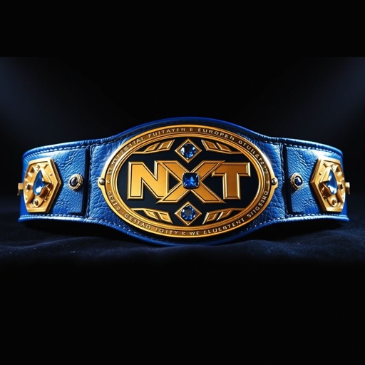 A striking NXT European Tag Team wrestling belt rests on a dark velvet display. The rich blue leather strap glistens under soft lighting, showcasing its luxurious texture. An oval gold plate shines prominently, adorned with intricate designs. Nestled within, deep blue sapphire gemstones sparkle, enhancing the belt's opulent elegance and prestige.