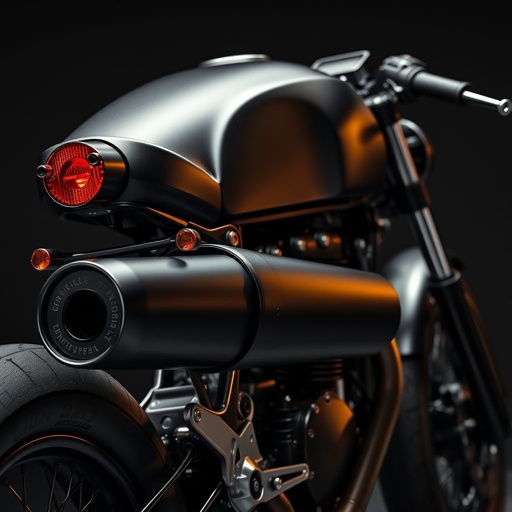 A striking 1997 boxer motorcycle, sleek black matte finish gleaming under dim lighting. Exquisite exhaust design; Debikiller type, subtly powerful, with a discreet button. Vintage cafe racer aesthetics seamlessly intertwined, reflecting meticulous modifications. Realism art style emphasizes metallic hues, creating a tense atmosphere. Bird’s eye view reveals smooth textures, showcasing the impressive craftsmanship.