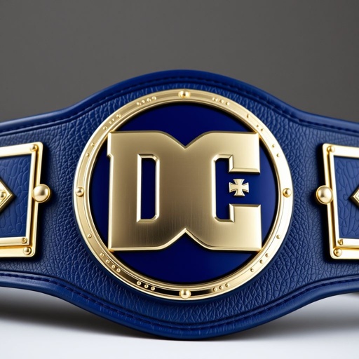 A wrestling belt adorned with a bold DC logo, prominently centered. Exquisite craftsmanship highlights metallic gold accents along the edges. A deep blue strap, vividly saturated, stretches across the scene, contrasting with a gleaming silver buckle. Adult size, ensuring a commanding presence. Sophisticated texture, capturing the essence of champions.