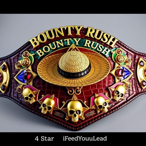 A luxurious alligator skin wrestling belt, gleaming gold accents. At center, a straw hat from "One Piece," surrounded by vibrant multicolor plates. Above, bold lettering “One Piece Bounty Rush,” below, “4 Star VS Champ iFeedYouLead.” Star-shaped plates adorned with ruby gemstones, surrealist art style, intricate skull crests and symbols embellishing the design.