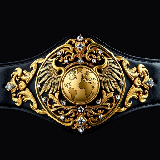 A luxurious wrestling belt featuring a glossy black leather strap, adorned with an intricately shaped gold plate. Art Nouveau influences evoke flowing patterns and ornate designs. The centerpiece showcases a globe champion motif, flanked by stunning eagle crests. Sparkling diamond gemstones embellish the plate, exuding grandeur and elegance in large scale.