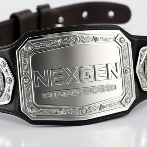 A NEXGEN championship wrestling belt, a luxurious leather belt material, exuding strength and prestige. The modern plate design features an elegant rectangular shape, gleaming in silver. Accents of intricate engravings adorn the surface, showcasing the championship title. The overall aesthetic embodies a blend of contemporary style and traditional craftsmanship.