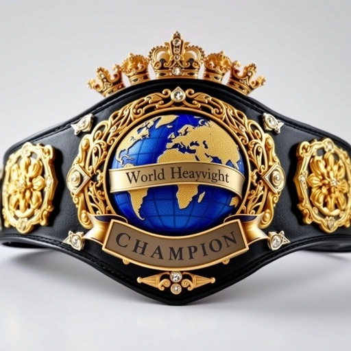 A formidable wrestling belt, featuring an intricate blue and gold globe at its center, adorned with the words "World Heavyweight Champion" on an elegant banner. Five meticulously crafted plates showcase dual-plated gold and silver. A luxurious black leather strap, accented with sculpted designs and shimmering diamond gemstones, completes this extra-large masterpiece. Crown crests and symbols elevate the allure, commanding respect and admiration. Each element showcases lavish craftsmanship, reflecting the spirit of champions.