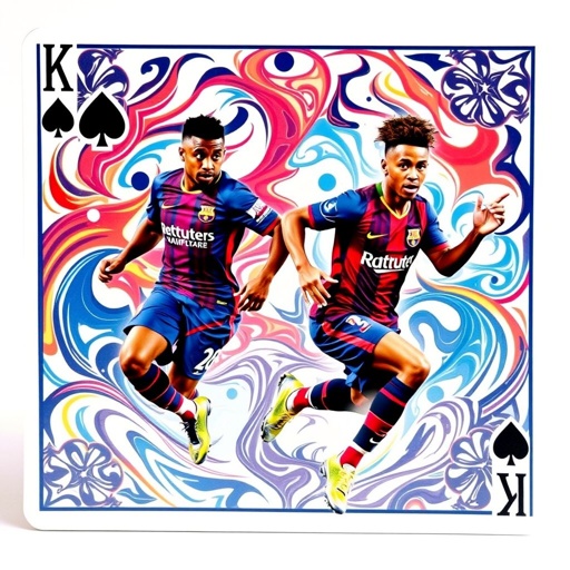 A vibrant trading card featuring Kylian Mbappé and Neymar Junior, both depicted in dynamic poses amidst swirling abstract patterns. Classic deck elements frame the duo, highlighted by intricate geometric shapes. Glossy finish captures light, enhancing vivid colors. Background blends soft gradients, evoking a sense of excitement and competition in the air.