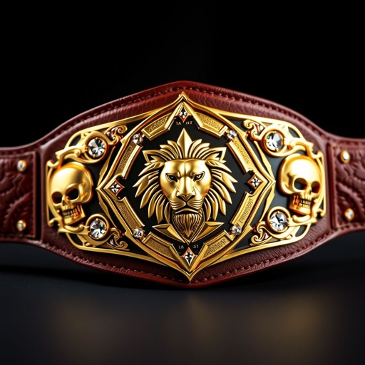 A majestic wrestling belt, featuring a rich brown leather strap. The centerpiece showcases a modern diamond plate design gleaming in gold, adorned with a regal lion champion emblem. Surrounding elements include intricate skull crests and symbols, sparkling diamond gemstones enhancing the luxurious feel, all presented in a stunningly realistic art style.