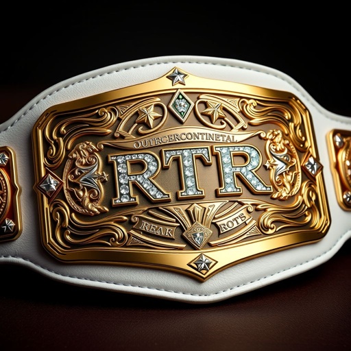 A striking wrestling belt featuring a luxurious white leather strap, complemented by a bold, rectangular gold plate design. Intricate globe champion motifs, adorned with dazzling crystal gemstones, create a prestigious look. Star crests and symbols embossed elegantly, showcasing the title of RTR Outercontinental Champion. Rich textures, realistic art style, emphasizing grandeur.