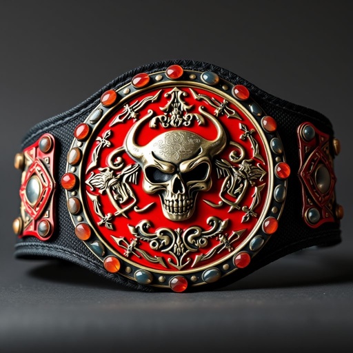 A championship wrestling belt adorned with a textured black cloth strap. A striking circular plate, vividly red, features an intricate gothic design. Dominating the center, a fierce skull motif surrounded by ornate crests and symbols. Agate gemstones encrust the edges, adding depth and elegance to this edgy masterpiece of martial glory.