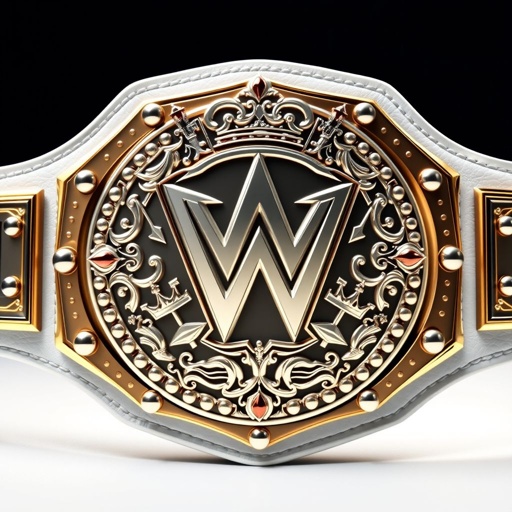 A grand wrestling belt featuring a luxurious leather strap in pristine white, elegantly glistening. The centerpiece showcases a modern, serrated plate design, sparkling in silver. Crowns and intricate champion symbols adorn the plate, exemplifying triumph. Large size exudes power and prestige. Realistic art style emphasizes detail, capturing the essence of victory.