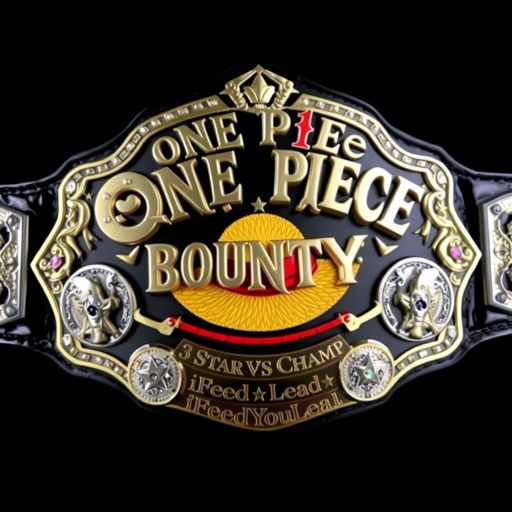 A grand wrestling belt, vinyl material shimmering, black strap extending outward. In the center, a vibrant straw hat reminiscent of “One Piece,” radiating adventure. Above, bold letters spell “One Piece Bounty Rush,” while below, intricate text reads “3 Star VS Champ iFeedYouLead.” Silver engraved plates, adorned with pearl and gemstone accents, showcase star crests, completing the champion’s allure with a majestic shield plate shape.