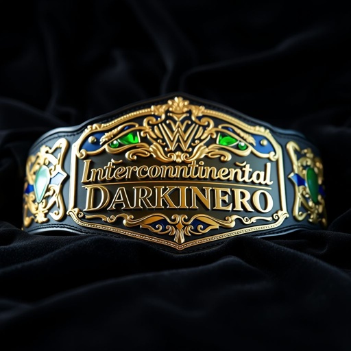 A shimmering wrestling belt rests proudly on a plush black velvet background. The main plate glistens in polished gold, adorned with intricate emerald green and deep blue accents. The name "Intercontinental Darkinero" elegantly engraved in bold letters, surrounded by ornate designs. Bright reflections dance across the metal surface, showcasing prestige.