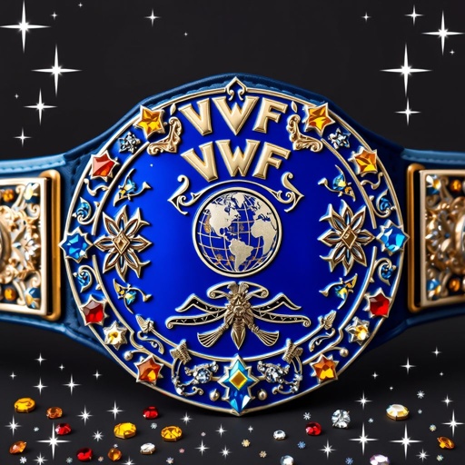 A grand wrestling belt, the VWF Universal World Championship, features a striking blue main plate adorned with intricate shapes and a globe champion design. Classic leather strap in pristine white, luxurious side plates in navy blue, and an abundance of multicolored gems—red, yellow, blue—surrounded by ornate star crests, sparkling diamonds, and a field of white stars.