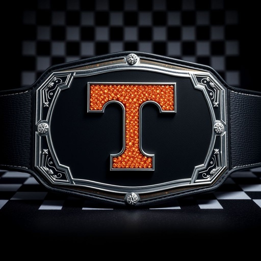 A wrestling belt displays an engraved checkerboard background, sleek and polished. The center features a striking orange Tennessee Volunteers Power T logo, crafted from shimmering bright orange diamonds, bordered by a gleaming silver trim. Stacked 3D plates create depth, while a smooth black strap complements the rectangular black plate, all in a cubist art style.