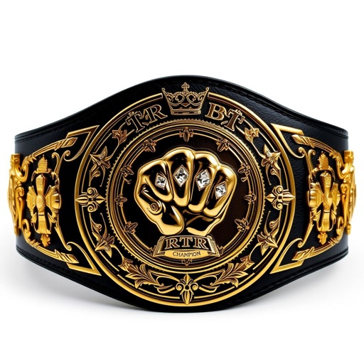 A wrestling belt, RTR Champion, crafted from premium leather. A striking black strap, elegantly contrasted with a circular gold plate. Elaborate engravings on the plate depict a fierce fist champion design, accented with shimmering diamond gemstones. Majestic crown crests and intricate symbols adorn the edges, creating a true masterpiece of competition.