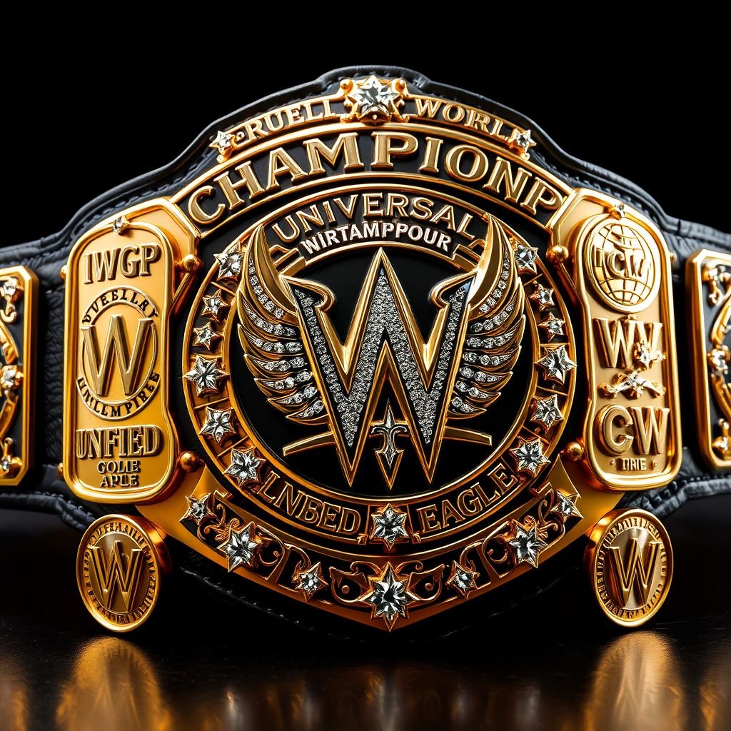 A colossal wrestling belt, embodying the Universal World Championship. Lavish gold gleams, intricate plate designs reflecting the IWGP, Lucha Underground, NWA, AWA, WWE Winged Eagle, WWE Unified, and WCW Big Gold titles. Black leather strap contrasts with shimmering gold plates, adorned with diamond gemstones, star crests, and prestigious champion globe motifs.