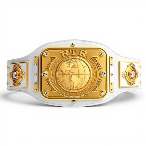 A stunning wrestling belt showcasing the RTR Outercontinental Champion title, crafted from smooth, rich leather. A pristine white strap contrasts with a rectangular gold plate adorned with a globe champion design. Crystal gemstones glimmer along the edges, while intricate star crests and symbols embellish the large, modern plate, exuding dominance and prestige.