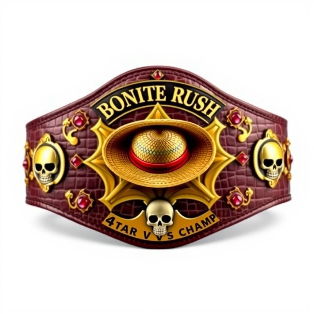 A luxurious wrestling belt, crafted from alligator skin. Centered, a straw hat from "One Piece." Above, the words “One Piece Bounty Rush” in bold lettering. Below, “4 Star VS Champ iFeedYouLead.” Gold plate design, star-shaped. Multicolored accents, sparkling ruby gemstones. Realistic art style, adorned with intricate skull crests and symbols.