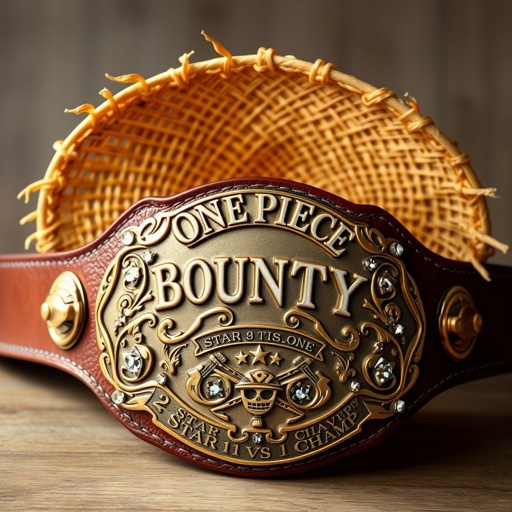 A wrestling belt centered around a vibrant straw hat, inspired by the iconic “One Piece.” The words “One Piece Bounty Rush” arch gracefully above, while “2 Star 1 vs 1 Champ” rests elegantly below. The leather strap, rich brown, showcases an engraved plate, bronze in color, adorned with dazzling rhinestone gemstones, star crests, and shield motifs, all in a stunning realistic art style.