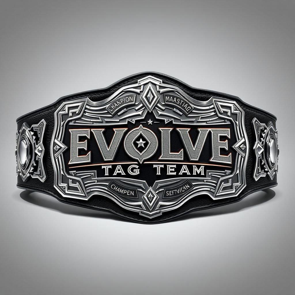 A striking wrestling belt with an EVOLVE Tag Team emblem, crafted from rich leather material. The black strap contrasts with an intricately shaped silver plate, showcasing a detailed Champion text design. Oversized dimensions emphasize its grandeur, elevating the novelty aspect. Realistic art style captures every texture and gleam, embodying athletic prestige.