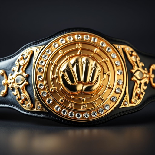 A wrestling belt, RTR CHAMPION, crafted from luxurious leather, showcases a sleek black strap. A circular gold plate, intricately engraved, features a striking fist champion design. Surrounding the plate, sparkling diamond gemstones glimmer under soft light. The extra-large size commands attention, exuding power and prestige, devoid of any crests or symbols.