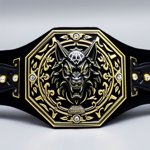 Wrestling belt, iconic design, tribal wolf embossed centerpiece. Dark black strap, sturdy and elegant. Octagon plate shape, sharp angles, black plate color, striking contrast. Intricate gothic art motifs, fierce and bold. Globe champion design, representing world unity. Sparkling cubic zirconia gemstones, dazzling accents. Adult size, powerful presence, ultimate achievement.