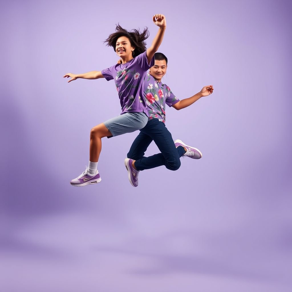Apparel, Full-body editorial fashion photograph of a female and male model mid-jump, wearing a relaxed-fit, purple cotton T-shirt with a vibrant floral pattern, paired with Nike Air Max sneakers. Shot in a professional studio with a soft lavender backdrop, rim light emphasizing highlights. Ultra-realistic details, crisp textures on fabric and shoes, styled like a high-fashion campaign. Photographed with a Canon EOS R5 and a 50mm lens, delivering depth, clarity, photorealism. --ar 4:5 --v 7 --q 2