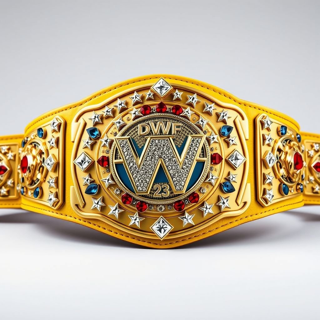 A striking wrestling belt, VWF Universal World Championship, blends prestigious elements from iconic titles. Grand gold plate adorned with multicolored gems—blue, red, white, and yellow. Classic design showcases a field of white stars, intricate shapes, wrestler symbols. Luxurious yellow leather strap, diamond gemstones, globe champion motif, bold star crests, immense presence.