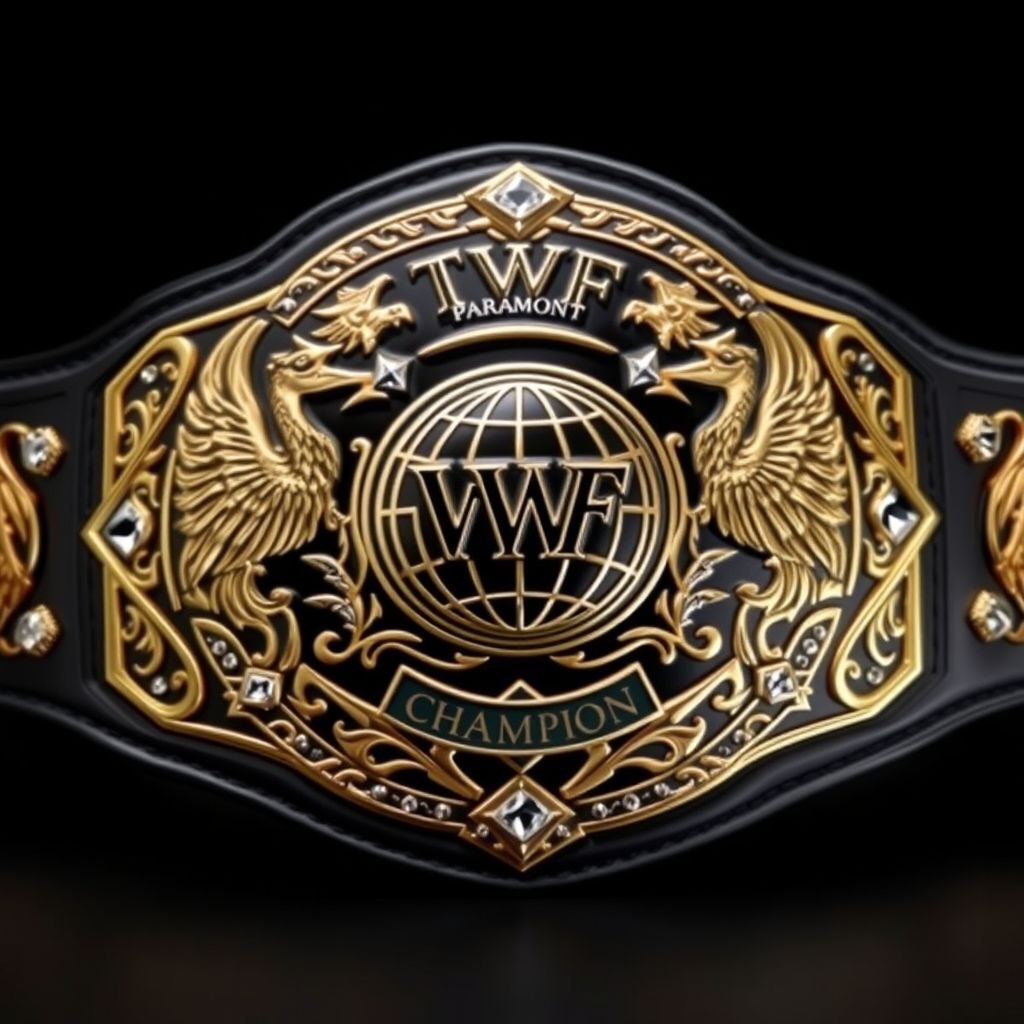 A striking wrestling belt showcasing the VWF Paramount championship. A black metal center plate adorned with intricate gold and white engravings. Sleek leather belt material with a deep black strap. Oval plate shape gleams, featuring a globe champion design. Diamond gemstones shimmer, flanked by majestic phoenix crests and symbols. Bold and powerful.